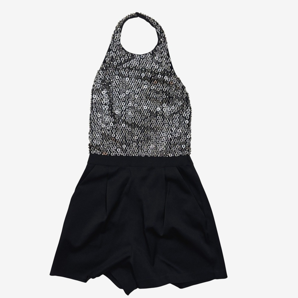 Alice + Olivia Sequin Chainmail Halter Romper Black Silver Size 0